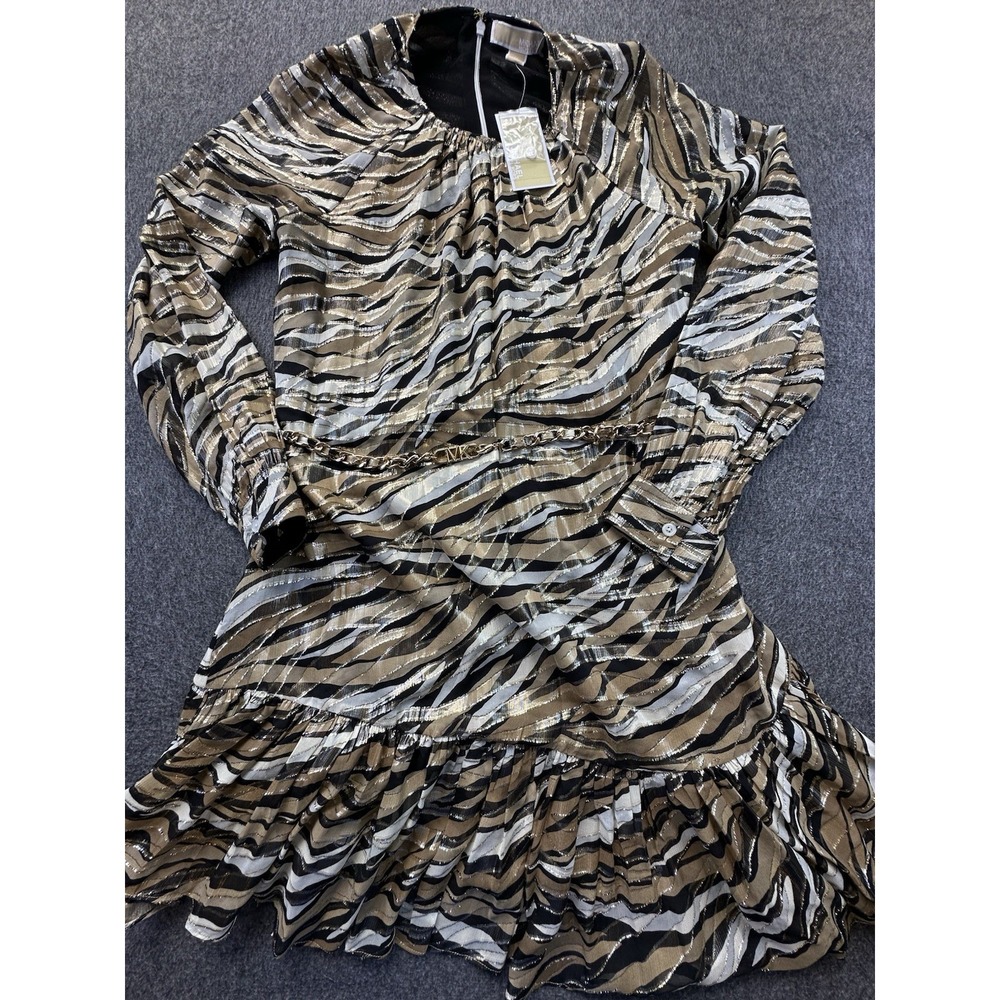 Michael Kors Dress Womens XS Metallic Khaki Black Zebra Chain Belt Mini New